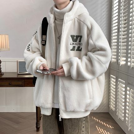 Kusen 羊羔绒外套男冬季加绒加厚连帽棉服青少年学生宽松保暖棉衣