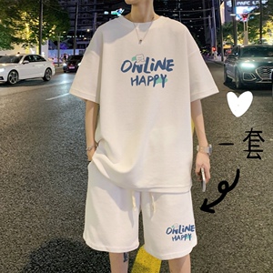 Kusen潮牌休闲套装男生运动服夏季宽松百搭T短袖短裤帅气搭配一套