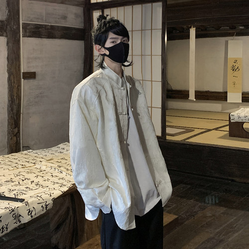 Kusen 国潮高级感新中式盘扣长袖衬衫男春季宽松痞帅唐装衬衣外套