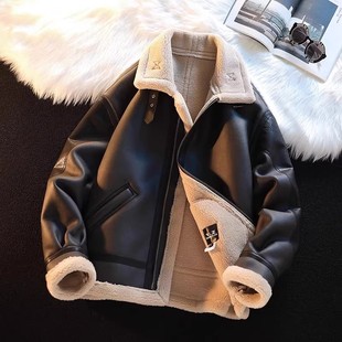 Kusen 皮毛一体鹿皮绒外套男加绒加厚机车服冬季宽松羊羔绒棉衣服