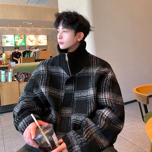 Kusen 美式复古格子外套男秋冬季高街棒球服小香风高翻领毛呢夹克