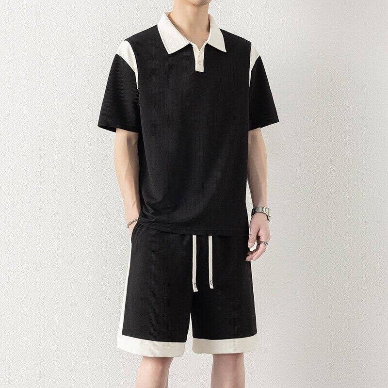 KUSEN 潮牌休闲套装男夏季青年运动宽松冰丝POLO衫短袖短裤一整套