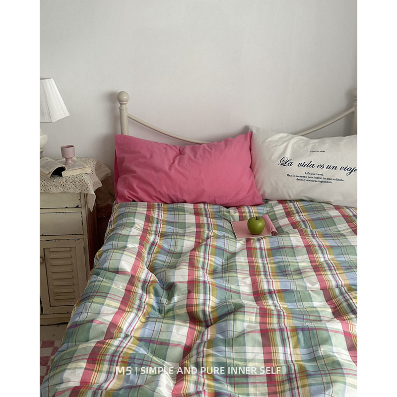 ins韩式复古格子全棉床上四件套纯棉床单被单被套床笠床品三件套