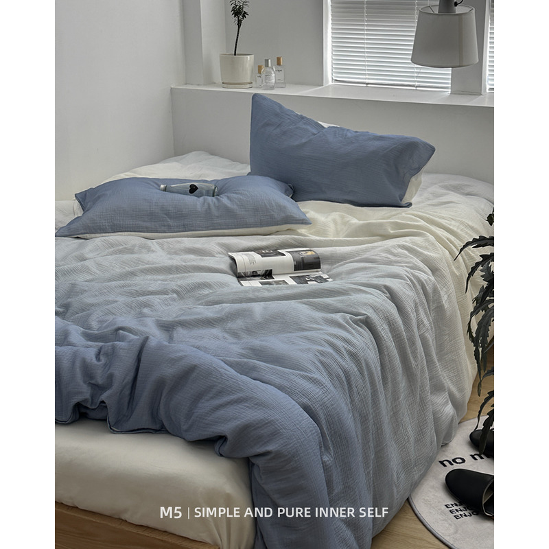 60S地中海简约柔软皱皱纱双层纱全棉四件套纯棉床单被套床笠床品