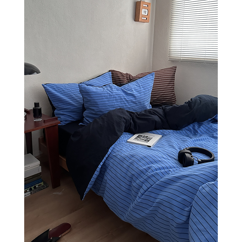 ins博主简约条纹极简风纯棉床上四件套全棉床单被套床笠床品4件套