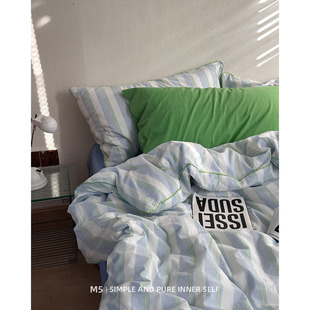 高端简约条纹100%全棉床上四件套纯棉床单被单被套床笠床品三件套