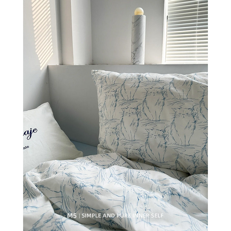 简约韩式猫咪设计师款全棉床上四件套纯棉床单被套床笠床品三件套