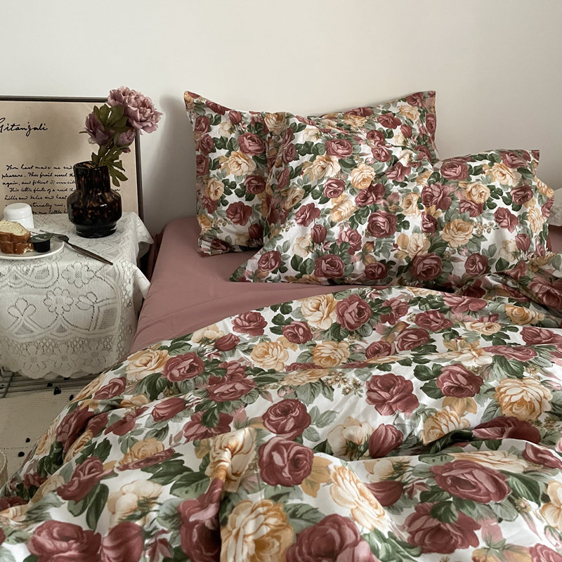 浓郁色彩复古油画系美式田园玫瑰全棉四件套纯棉床单床笠床上用品