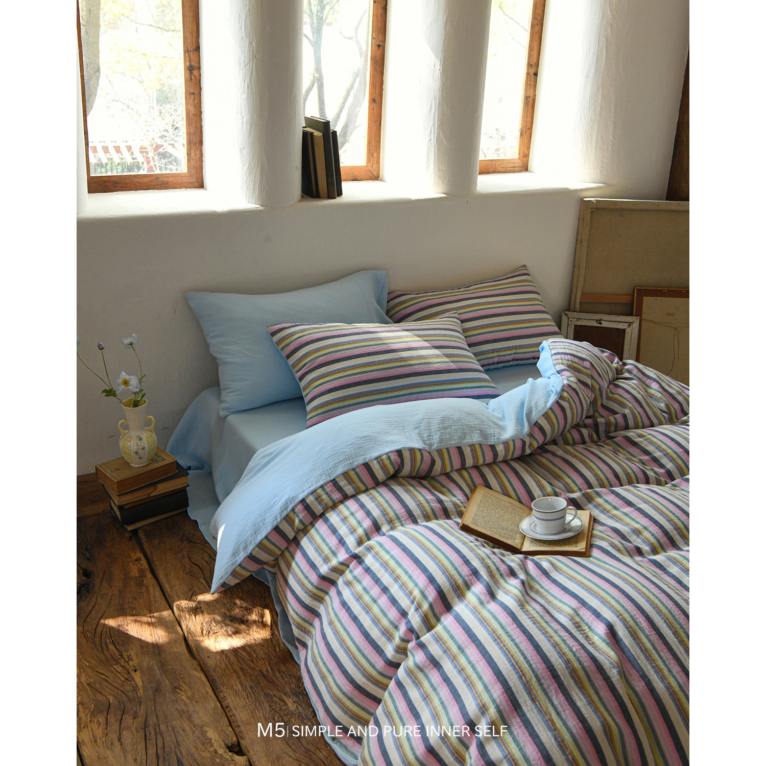 复古条纹双层纱纯棉100%全棉四件套床单被套床笠床品套件床上用品