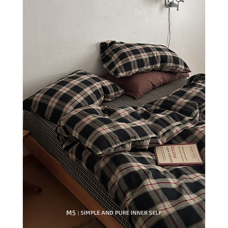 复古中古格子软糯柔软皱皱纱全棉四件套纯棉双层纱被套床笠款床品