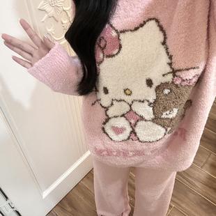 睡衣女款秋冬季半边绒可爱甜美卡通KT猫加绒加厚珊瑚绒家居服套装