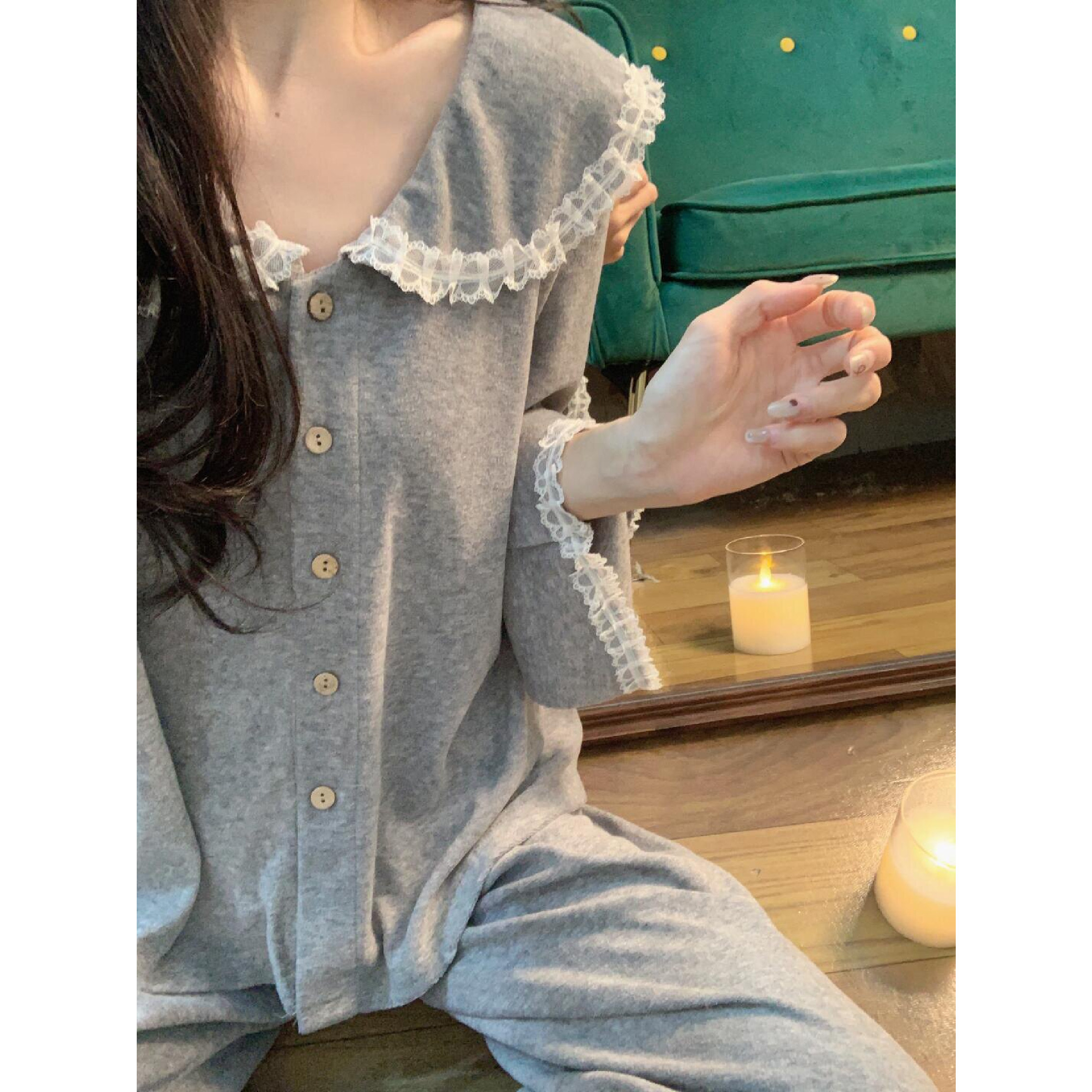 韩系纯色蕾丝长袖睡衣女春秋季娃娃领简约宽松高级感家居服两件套