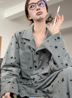 德绒灰色星星睡衣女秋冬季2025新款长袖网红家居服保暖套裝可外穿