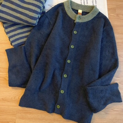 韩系复古简约纯色针织睡衣女冬款长袖半边绒加厚珊瑚绒家居服套装