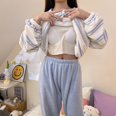 睡衣女秋冬季带胸垫珊瑚绒