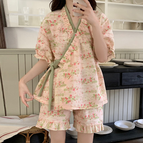 2026夏季女碎花系带和服睡衣