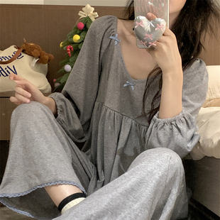 睡衣女春秋季韩版甜美花边舒适纯棉宽松长袖可外穿家居服两件套装