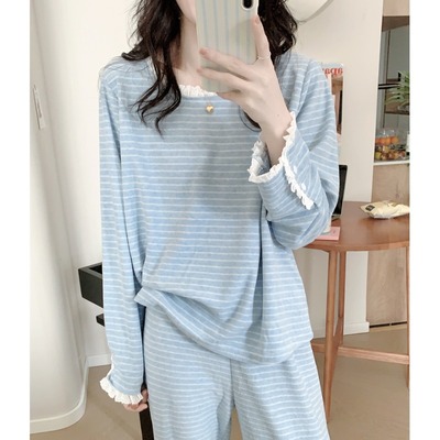 德绒睡衣女款韩版长袖秋冬季条纹