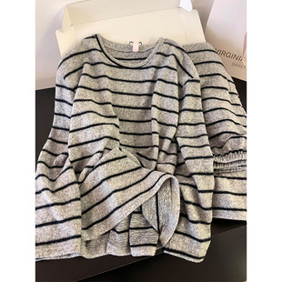 韩系条纹德绒睡衣女款秋冬宽松舒适长袖长裤春天可外穿家居服套装