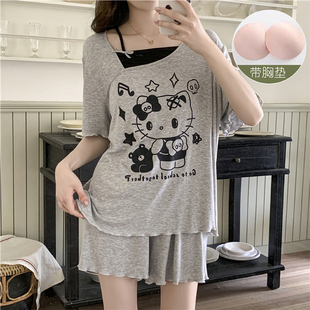 睡衣女夏季 纯欲性感可外穿家居服两件套 带胸垫可爱莫代尔薄款 短袖