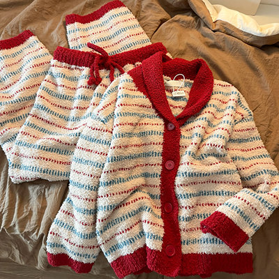 半边绒睡衣女秋冬季圣诞新年条纹