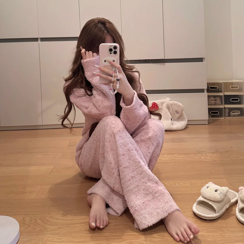 冬季ins甜美宽松半边绒睡衣女款可爱卡通高级感珊瑚绒家居服套装