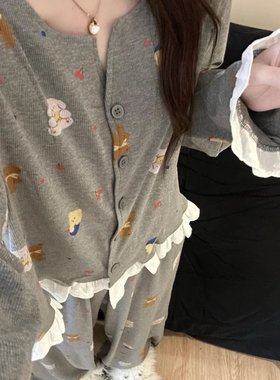 灰色小熊睡衣女春秋季2025新款长袖可外穿花边可爱甜美家居服套装