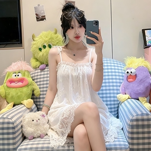 韩系甜美网纱睡裙女夏季吊带冰丝薄款性感纯欲风大码连衣裙家居服