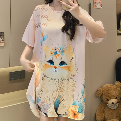 大花猫冰丝睡裙夏季薄款大码