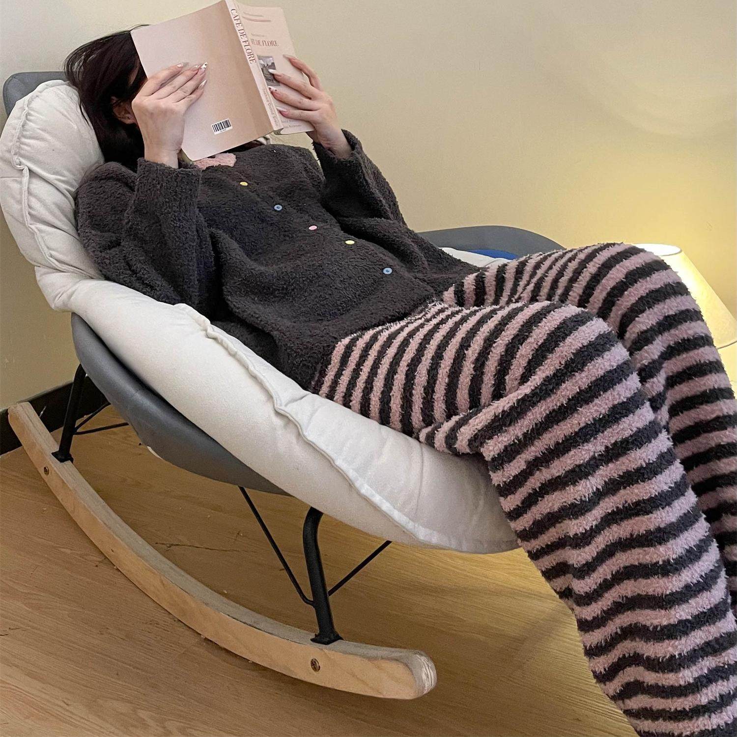 条纹撞色加绒软糯糯半边绒睡衣女秋冬季加厚开衫居家服套装可外穿
