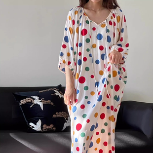 波点睡裙女夏季薄款韩版宽松冰丝睡衣女款夏天连衣裙可外穿家居服