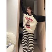 条纹熊珊瑚绒睡衣女秋冬天2025新款 高级感半边绒家居服可外穿套装