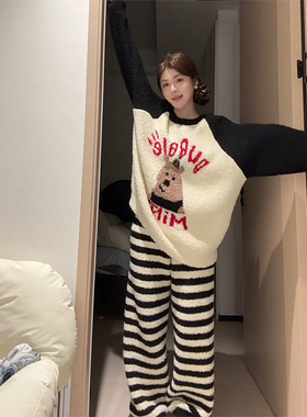 条纹熊珊瑚绒睡衣女秋冬天2025新款高级感半边绒家居服可外穿套装