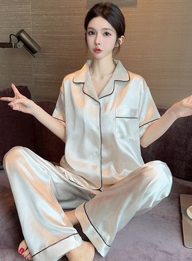 冰丝睡衣女款夏天短袖长裤两件套