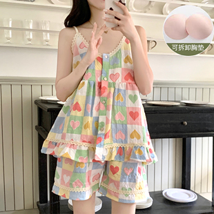 多巴胺吊带睡衣女夏季 2025新款 爱心甜美性感带胸垫家居服短裤 套装