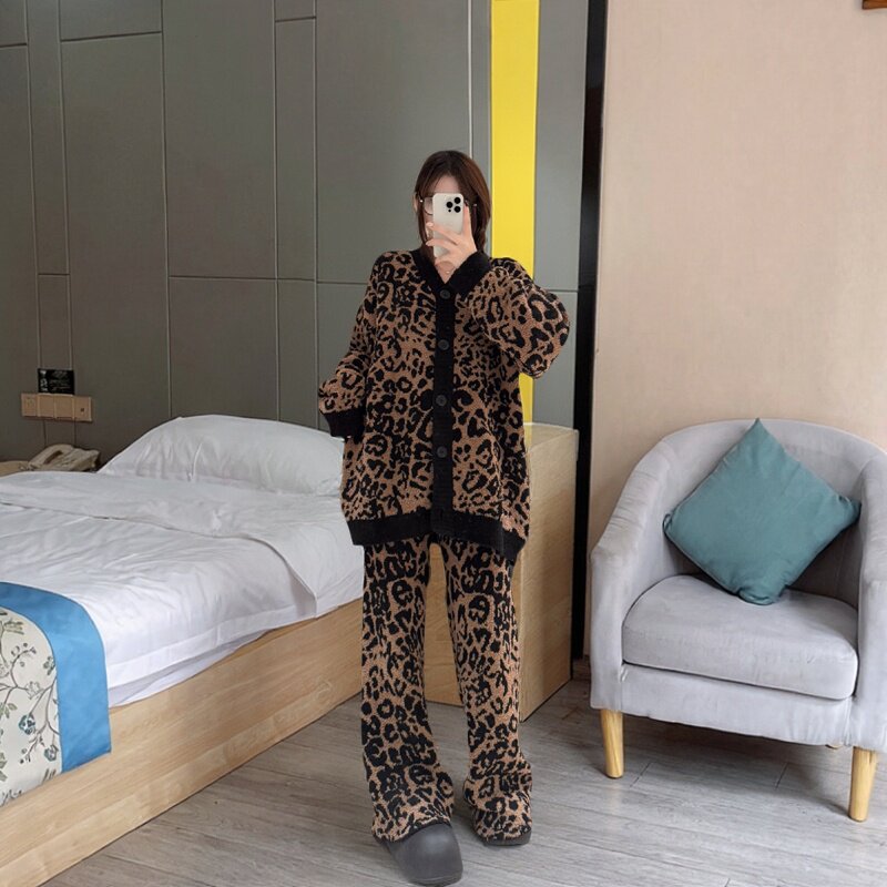 法式豹纹秋冬季新款睡衣套装女款