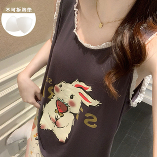 家居服套装 莫代尔睡衣女夏季 吊带背心短裤 带胸垫可爱兔子无袖 薄款