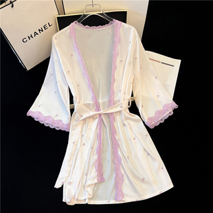 冰丝高级感睡衣女春秋款半袖夏季丝绸蕾丝纯欲风性感大码浴衣睡袍