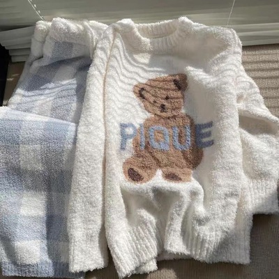 卡通小熊半边绒睡衣女秋冬季加厚