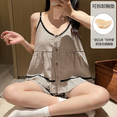 带胸垫睡衣女士夏季薄款云朵棉吊带条纹高级感2026新款家居服套装