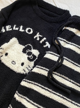 黑色kitty 半边绒睡衣女秋冬套装软糯卡通珊瑚绒加厚可外穿家居服