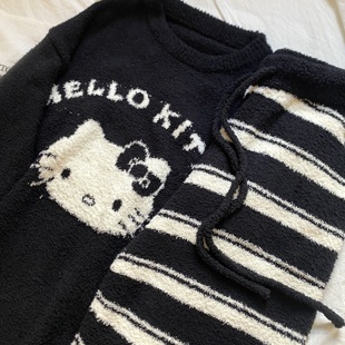 黑色kitty 半边绒睡衣女秋冬套装软糯卡通珊瑚绒加厚可外穿家居服