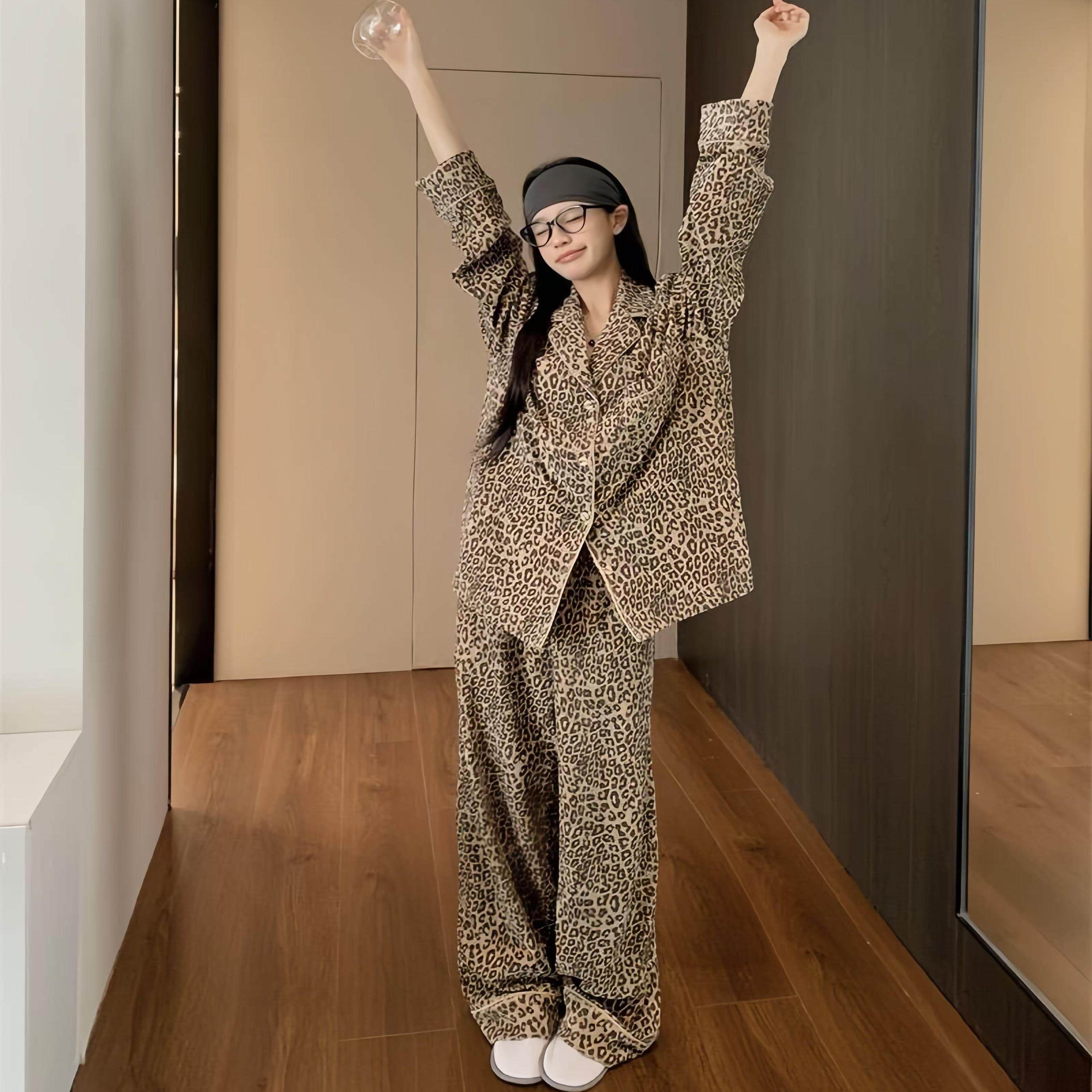 豹纹睡衣女秋冬季德绒复古韩国高级感长袖加厚宽松开衫家居服套装