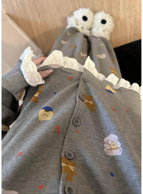 灰色小熊睡衣女春秋季卡通长袖长裤薄款可外穿花边甜美家居服套装