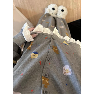 可外穿花边甜美家居服套装 灰色小熊睡衣女春秋季 薄款 长裤 卡通长袖