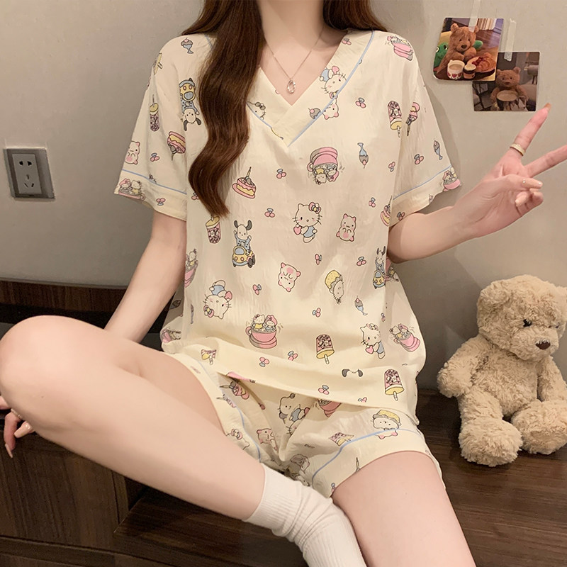 棉绸睡衣女夏季卡通短袖可爱女生纯棉2026新款夏天家居服两件套装