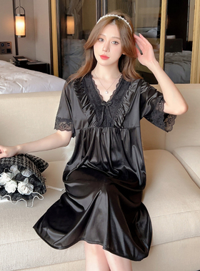 睡裙女夏季薄款短袖睡衣冰丝绸黑色蕾丝大码200斤性感诱惑家居服