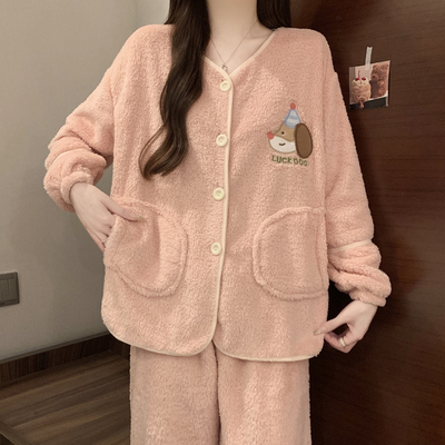 睡衣女秋冬季长袖软乎乎长毛绒简约可爱ins加厚珊瑚绒家居服套装