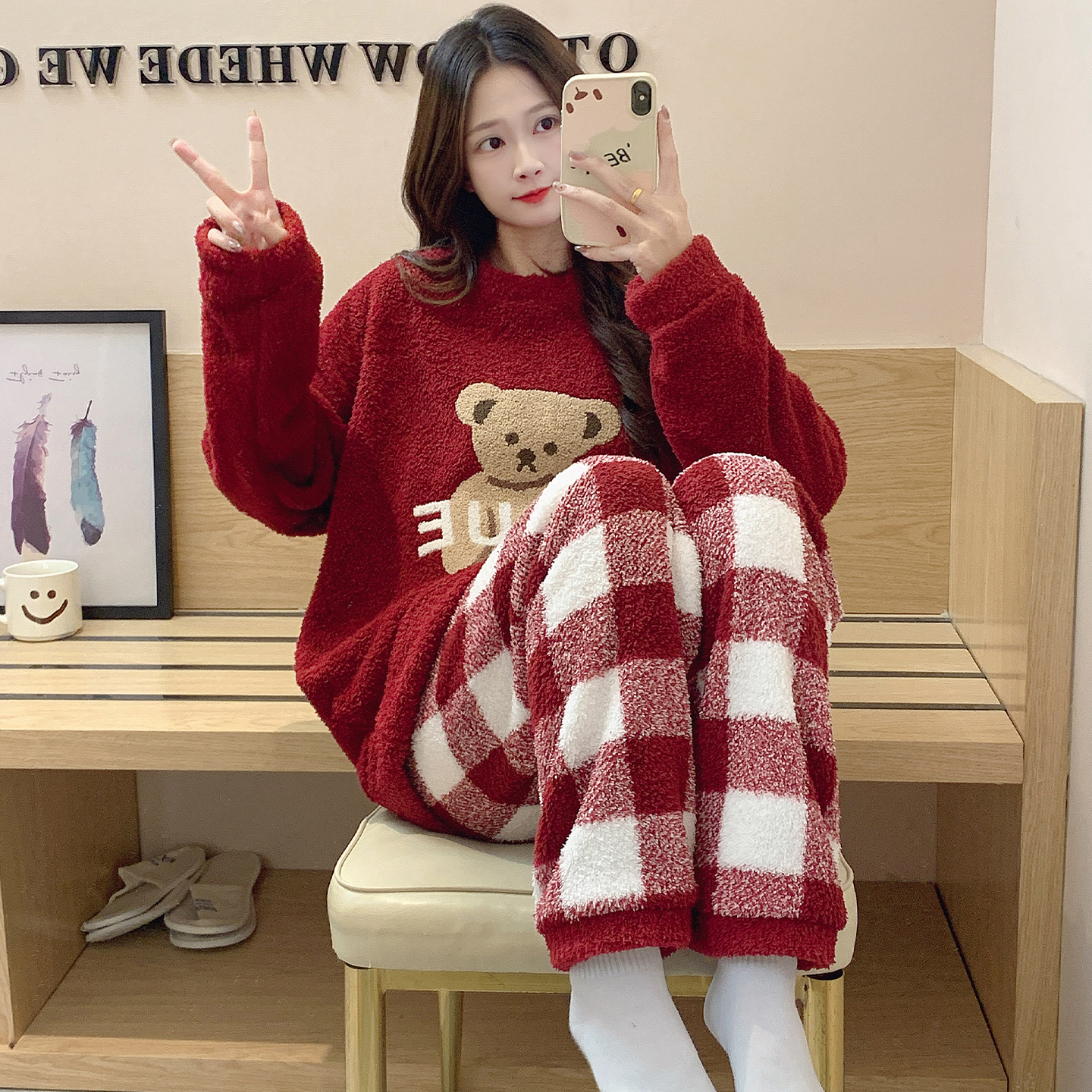 半边绒可爱小熊睡衣女本命年