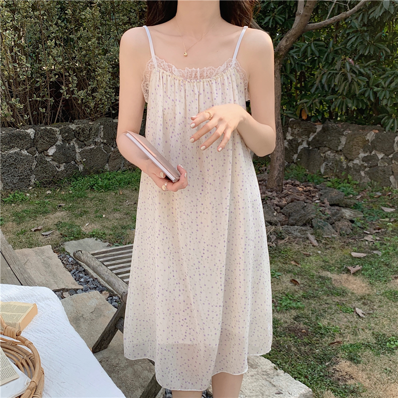 冰丝吊带睡裙女夏季睡衣丝绸网纱性感碎花胖mm大码蕾丝低胸家居服